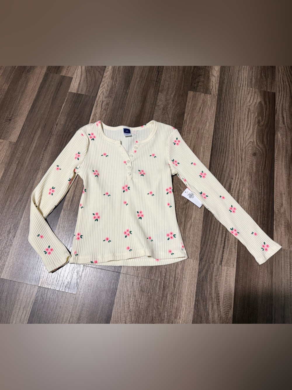 Old Navy Cream Ribbed Long Sleeve Top with Pink Floral Accent